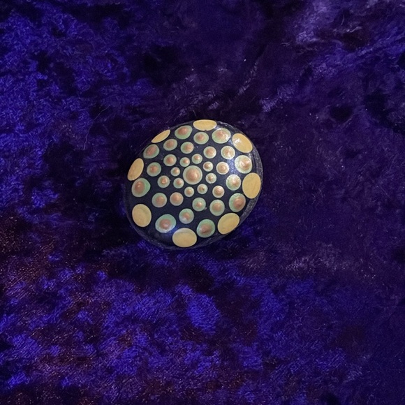 Handmade 2x2 Round Pebble with Lime Green, Gold & Yellow-Green Dot Art - Picture 5 of 5